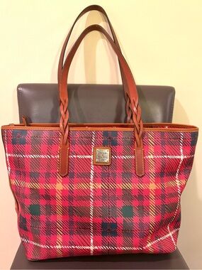 DOONEY & BOURKE RED Tartan Plaid BRAIDED TOTE SHOULDER BAG